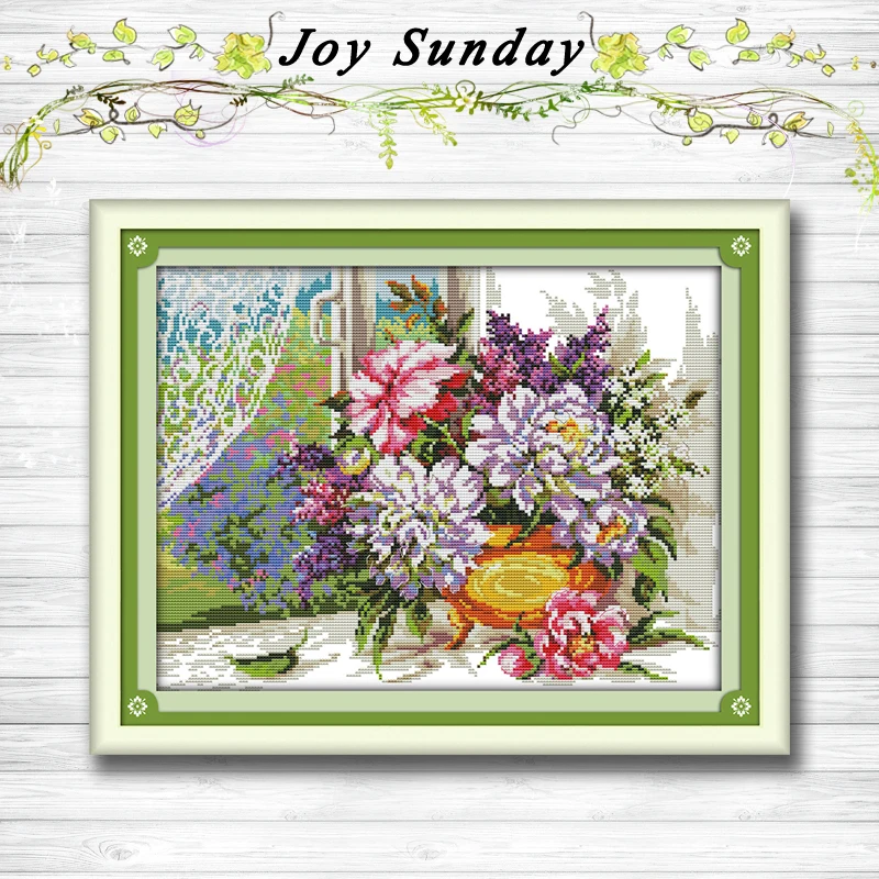 

Flowers on the windowsill painting dmc 14CT 11CT counted cross stitch kits embroidery set Needlework Set chinese cross stitch