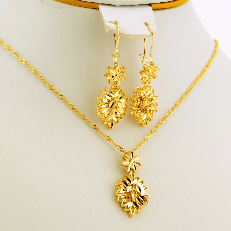 Gold Color Ethiopian African Accessories Jewelry Sets Dubai Wedding Bride bridal Necklace/Pendant/Earrings gifts for women set