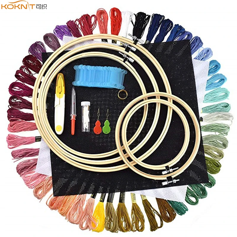 

KOKNIT Bamboo Cross Stitch Hoops Set Embroidery Kit with 50pcs Threads Scissors Needles Sewing Accessories Set with 2pcs Cloth