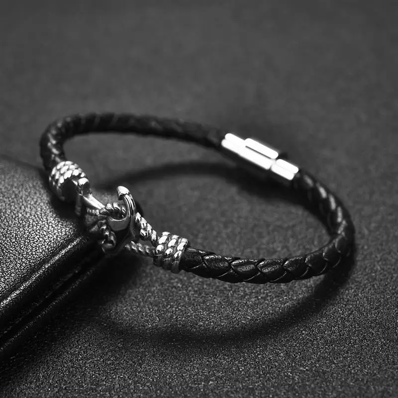 Jiayiqi Модные мужские ювелирные изделия черный кожаный браслет нержавеющая сталь Магнитная простая Пряжка плетение узор браслеты