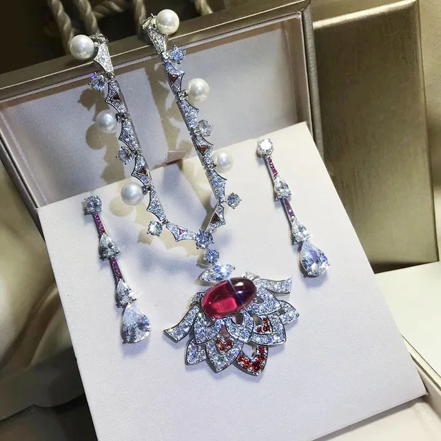 

ZOZIRI brand trendy design beauty Women Red Stone Party Banquet Wedding Jewelry Set big flower necklace Earrings jewelry set