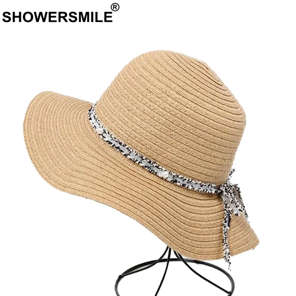 SHOWERSMILE النساء قبعات للحماية من الشمس الكاكي الصيف شاطئ قبعات الإناث اللؤلؤ ديكو عالية الجودة البحر أنيقة عارضة السيدات قبعة من قش الورق