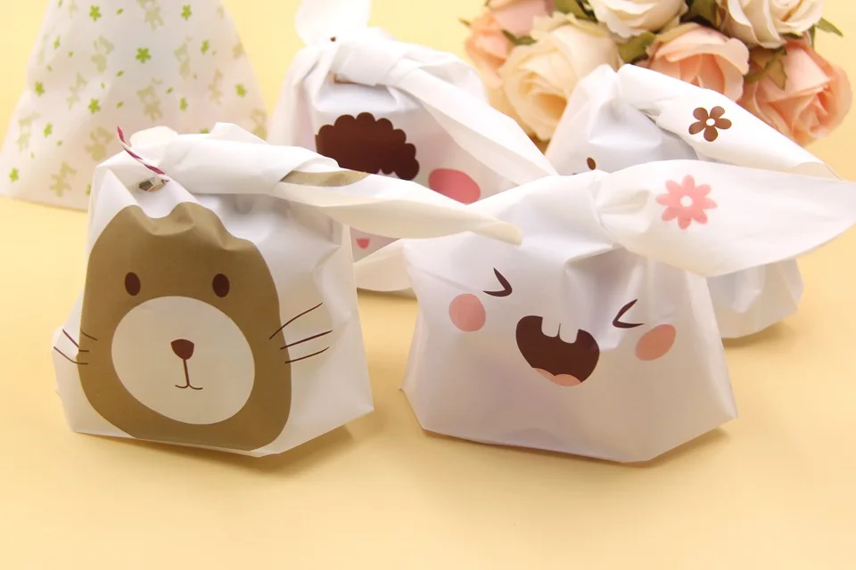 50 шт. милый с кроличьими ушами для печенья и конфет сумки самоклеющиеся пластиковый пакет печенье закуски выпечка упаковка, подарочные пакеты вечерние принадлежности для мероприятий