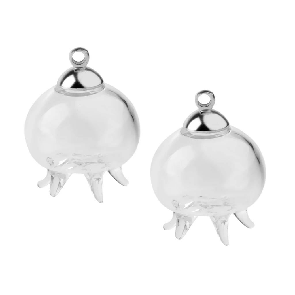 2Pcs Mini Jellyfish Shape Empty Glass Wishing Bottles Vial Pendant Charms DIY Craft