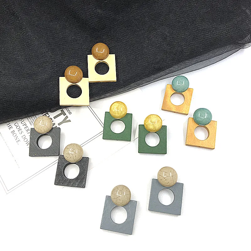 

Free Shipping Square Geometric Candy Mixed Colors Wood Stud Earring