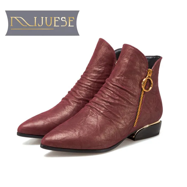 

MLJUESE 2019 women ankle boots cow leather pointed toe zippers winter warm short plush fur women boots female boots
