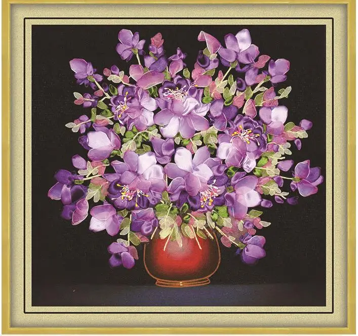 

Needlework,Chinese DIY Ribbon Cross stitch Sets for Embroidery kit,beautiful Purple flowers Cross-Stitch handwork wall decor