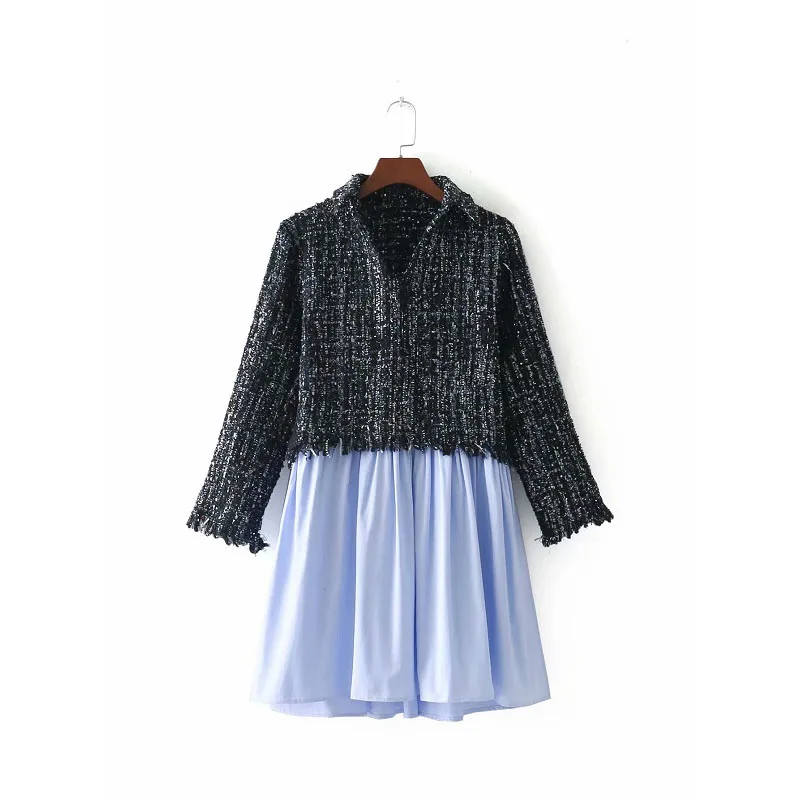 Spliced Femme Tweed cou Femmes Casual Longues Mode Tops Gland Plaid Manches Pull V Vintage Vestes Soie Za Casaco qTnw001tA