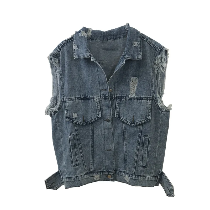 

Rlyaeiz Spring Denim Women's Vest 2019 Summer Fashion Hole Loose Water Washing Denim Vest Basic Sleeveless Jeans Jackets Coats