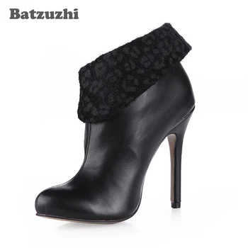 

Batzuzhi Warm Winter Boots Women Pointed Toe High Heels Black Leather Boots Women Inside Fur Sexy Fashion Botas 12CM Zip,Size 43