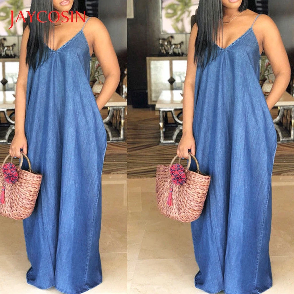 

JAYCOSIN Beach Maxi Long Dress Women Summer V-Neck Sleeveless Backless Denim loose Plus Size Dress Floor-length Vestidos 723