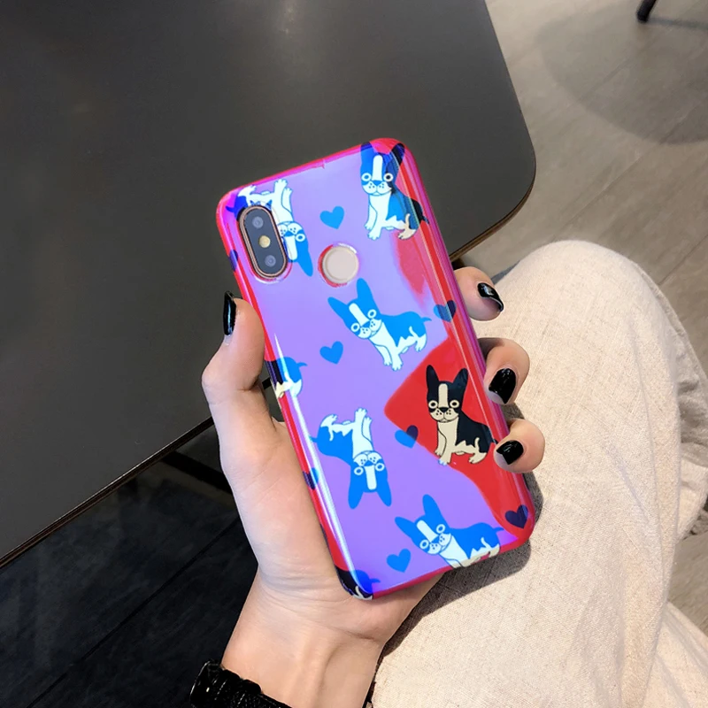 

For Xiaomi 6 mi 8 mi A2 Redmi Note 5 Pro Soft Silicon Phone Back Case Cartoon Mirror Red Bulldog Lovely Animal Blue-Ray Fundas
