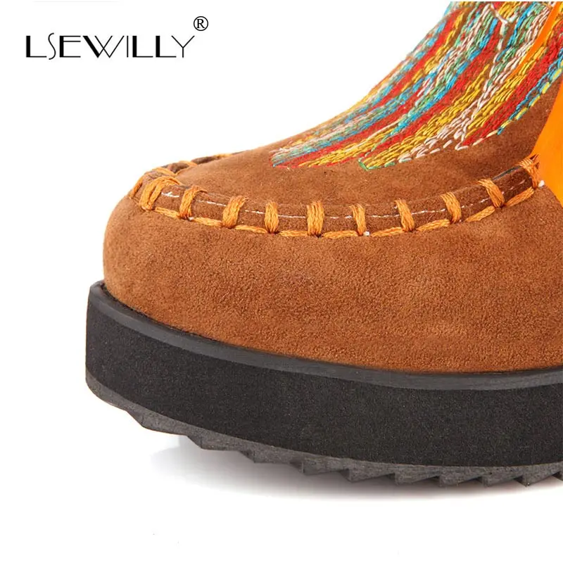 Lsewilly/ботинки с бахромой в индийском стиле в стиле ретро женские ботильоны из флока на массивном каблуке обувь с кисточками больших размеров размеры 34-43; AA555