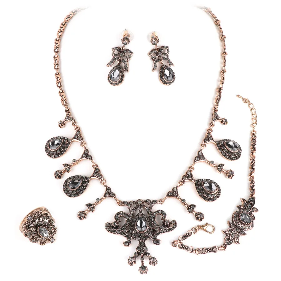 Kinel роскошные 4 шт. серый кристалл свадебные комплекты ювелирных изделий Античное золото Турция Серьга ожерелье браслет кольцо для женщин подарок - Окраска металла: 4PCS Sets