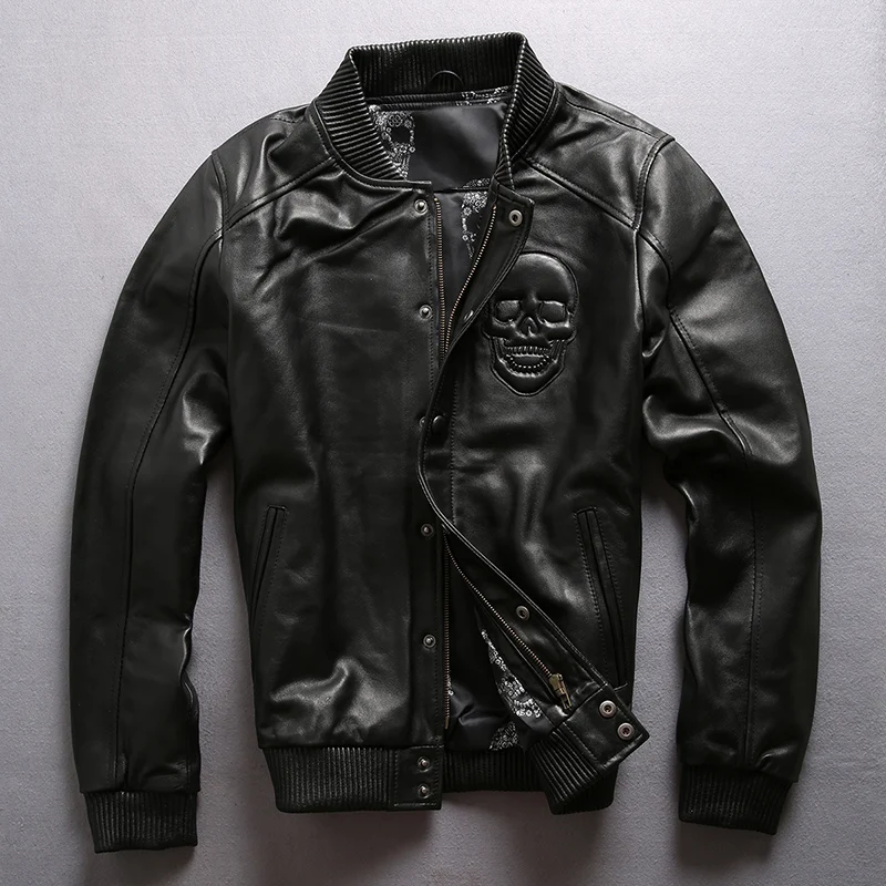 

New Men's Sheepskin Jacket Vintage Brand Soft Genuine Leather Jacket Coats for Male Motorcycle Biker Large Size Black Jacket