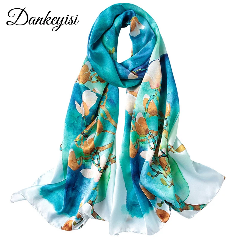 

DANKEYISI Long Pure Silk Scarf Women Scarf Silk Shawl Spring Autumn Female Silk Scarves Printed Mulberry Silk Beach Cover-ups