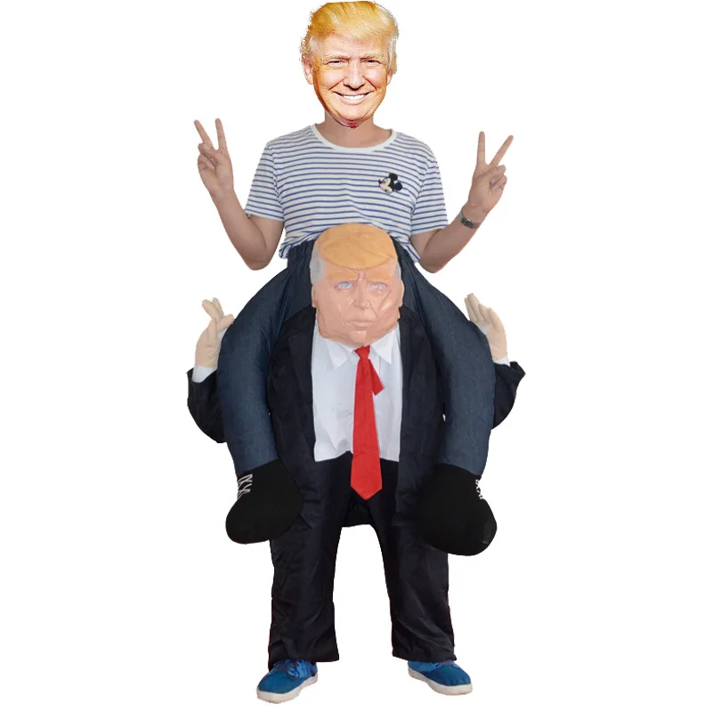 

Newest Funny Costume Ride on DT Donald Trump Carry Back Dress up Pants With False Human Legs Halloween Party Fancy Costume props
