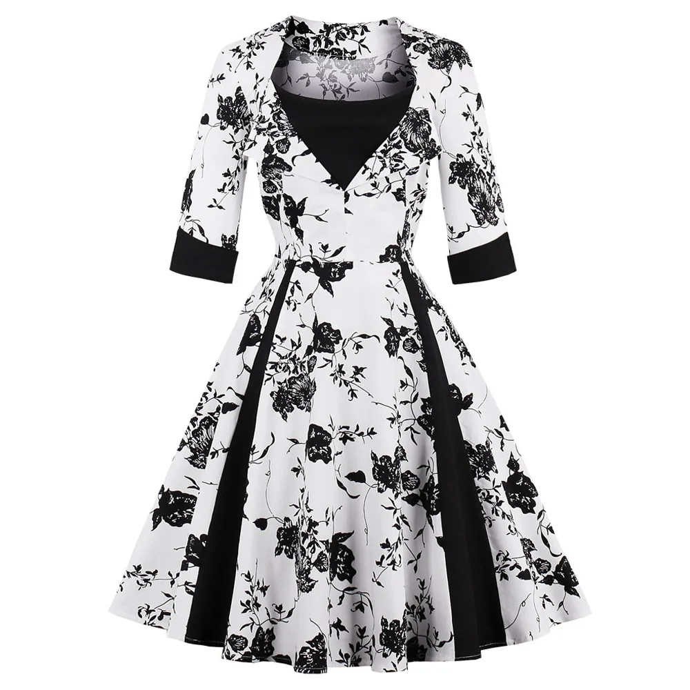 

Joineles Plus Size Women 60s Vintage Dress 3/4 Sleeves Black White Floral Print Vintage Dress Party Dress Cotton Femme Vestidos