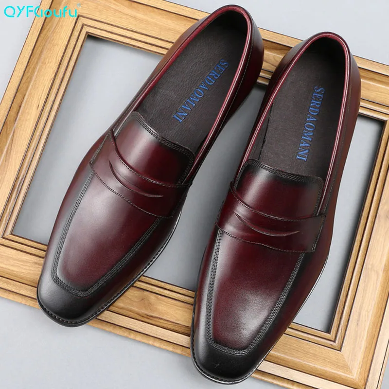 

British Style Square Toe Formal Shoes Men Dress Shoes Fashion High Quality Wedding Shoes Slip On Genuine Leather Shoes