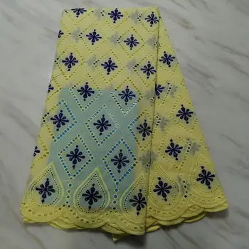 

High Quality Embroidery Africna Cotton Lace With Stones French Lace Fabric Fashion Swiss Voile Lace in Switzerland 5 Yard yellow