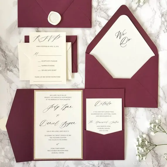  CA0609 Customized Burgundy Pocketfold Wedding invitations with RSVP - 1876151859