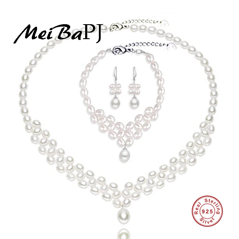 

[MeiBaPJ]2018 Fashion Natural Freshwater Pearl Hand Knitte Jewelry Sets S925 Silver Fine Party And Wedding Charm Jewelry
