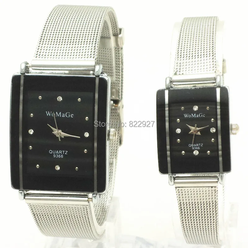 

Metal webbing band,silver plating rectangle case,rhinestone dotted in dial,quartz movement,womage 9366 couple fashion watches