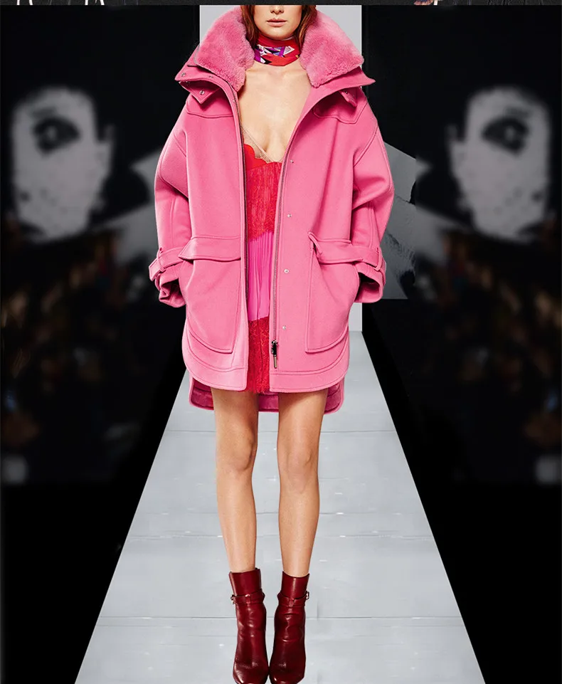 Sweet Winter Pink Angora Rabbit Coat Women Warm Wool Coat Down Jacket Abrigos Mujer Thick Cape Coat