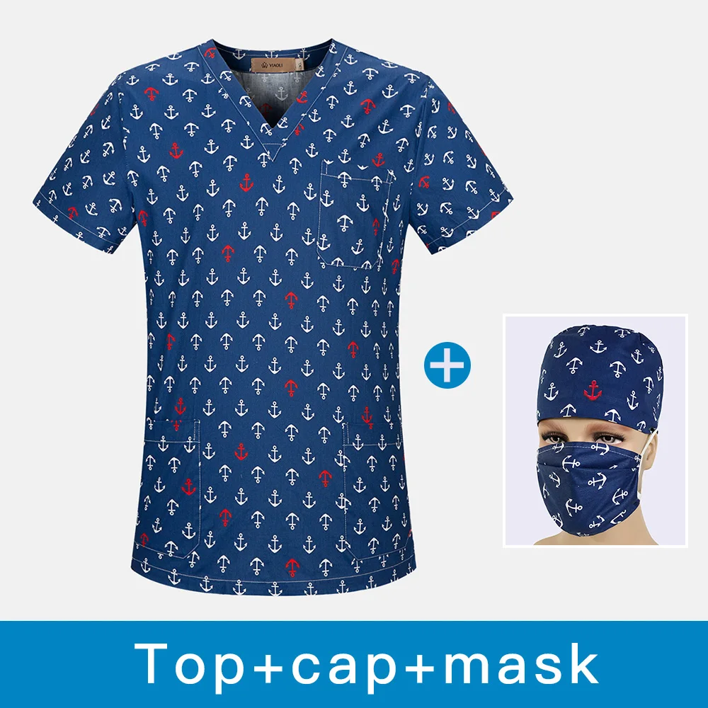 Unisex V-Neck Cotton Breathable Scrub Top Printing Surgical Medical Uniform Hospital Nurse doctor Scrub Tops For Women and men - Цвет: top cap mask