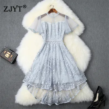 

Summer Dresses Women 2019 Designer Butterfly Sleeves Transparent Beading Embroidery Asymmetrical Dovetail Tulle Party Dress Sexy