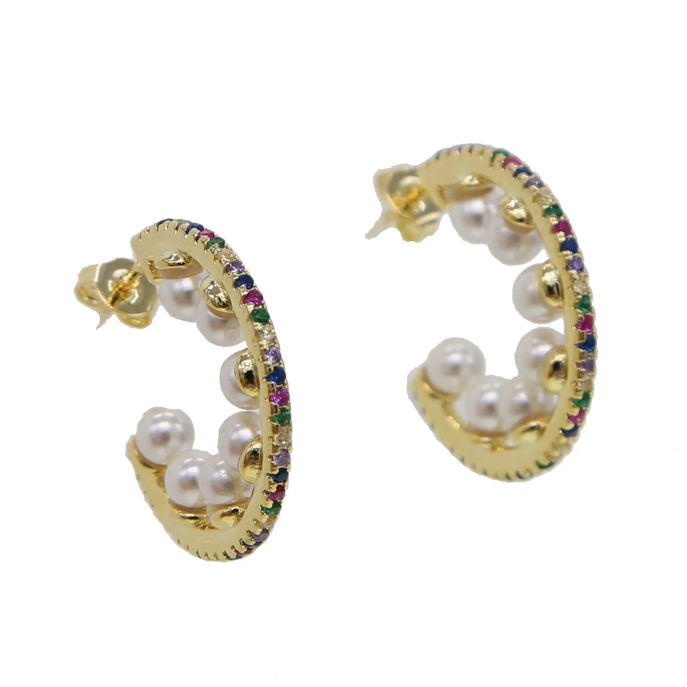 

2019 latest gold color delicate minimal 15mm circle gorgeous jewelry rainbow colorful cz multi pierced pearl earrings