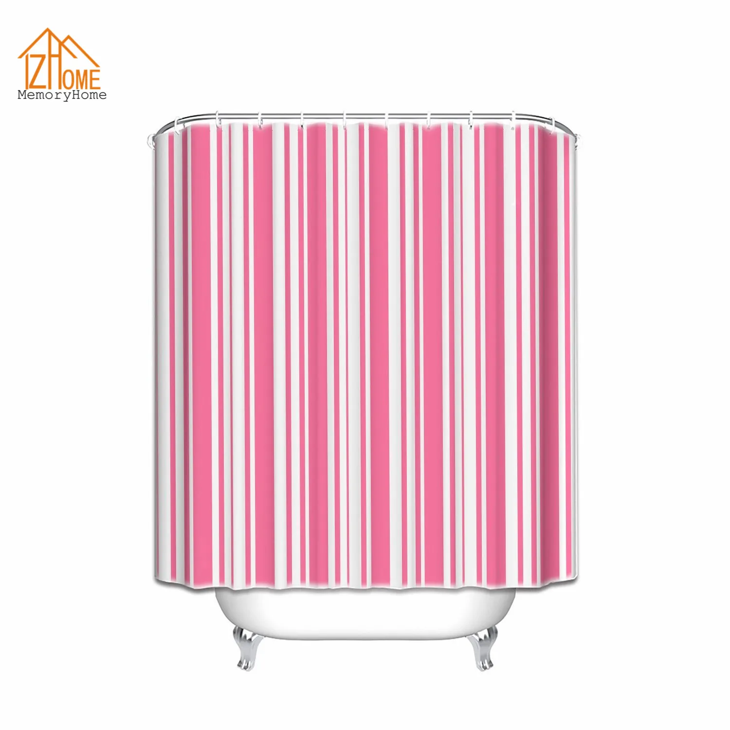 

Memory Home Cute Fabric Shower Curtain Multi-color Printed Striped White and Pink Color Striped Bathroom Product