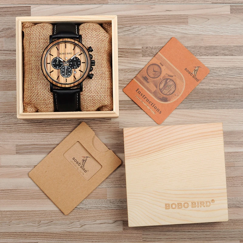 BOBO BIRD P09 Wood and Stainless Steel Watches Luminous Hands Stop Watch Mens Quartz Wristwatches in Wooden Box dropshipping
