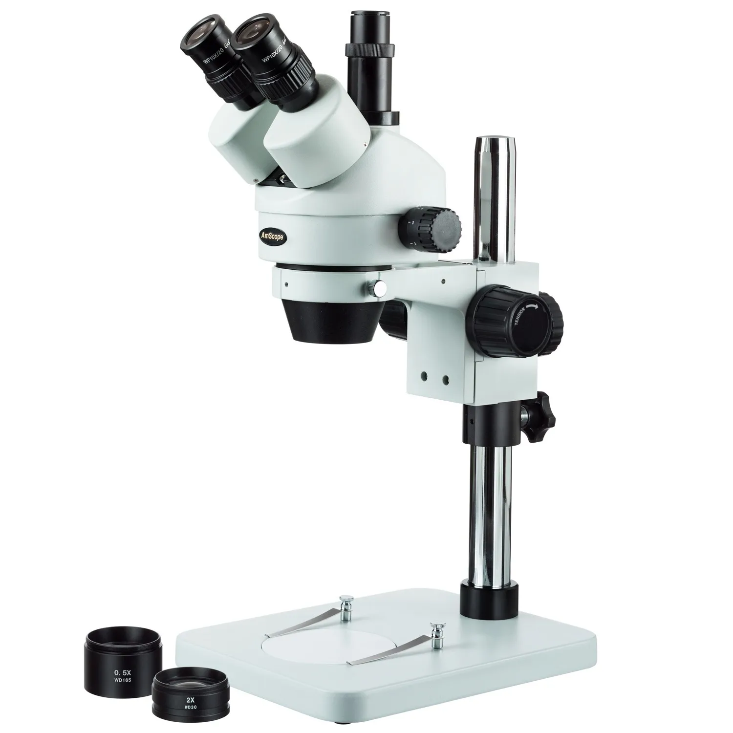 0.7-4.5X Zoom Objective 3.5X-90X Magnification Trinocular Stereo Microscope with Table Pillar Stand WF10X/20 Eyepieces Includes 0.5X and 2.0X Barlow Lens 