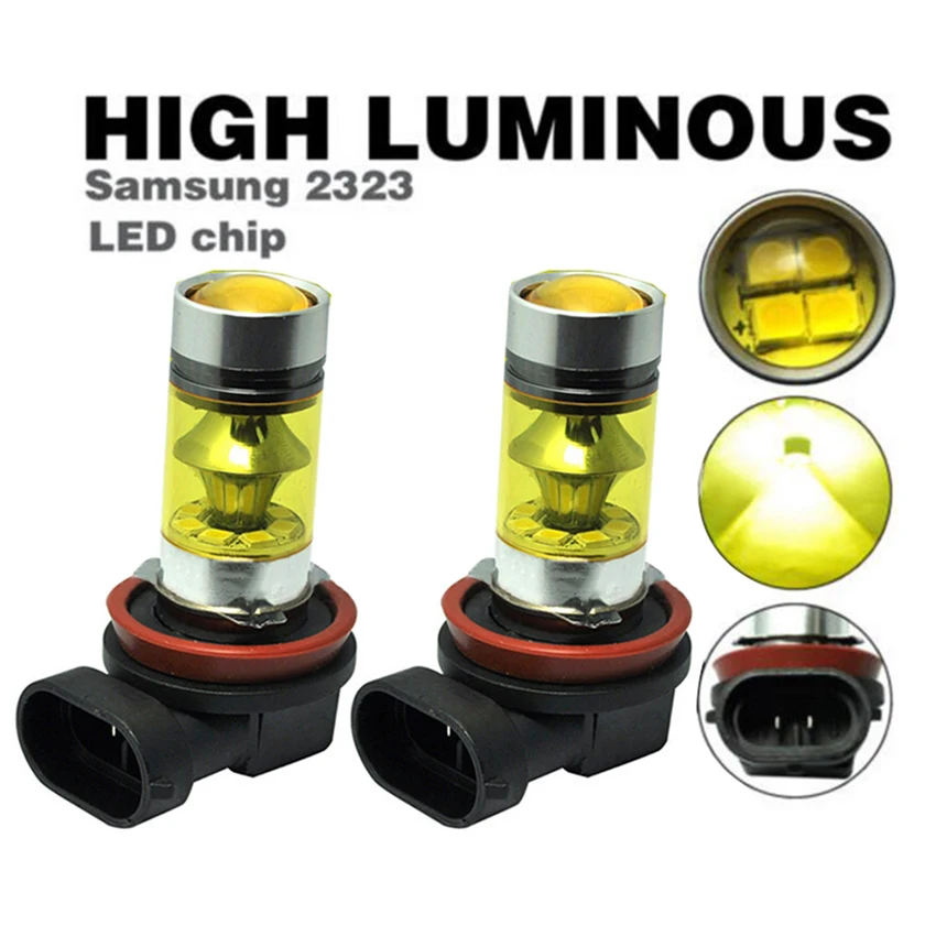 1pair H10 9145 LED Fog Light 100W 3000K Yellow Projector Driving 1200LM