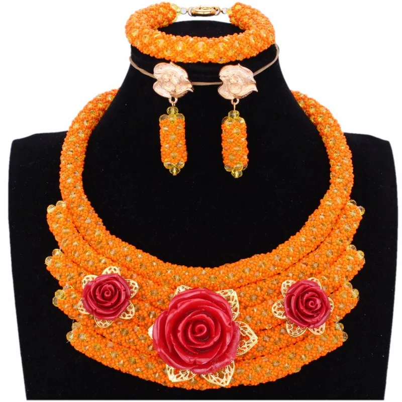 

4UJewelry Dubai Wedding Jewellery Set for Women Lemon Yellow and Orange Necklace Set African Beads Jewelry with Red Coral Flower