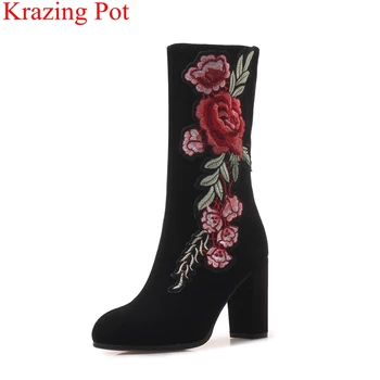 

2018 fashion round toe big size cow suede zipper women mid-calf boots super high brand embroider flower concise winter shoes L22