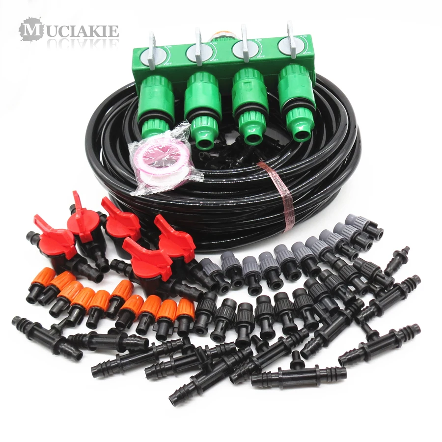 

MUCIAKIE 20m Garden Watering Kits w/ 8/11mm PVC Tubing Hose 1/2 3/4 to 1'' 4-way Splitter Drip Micro Misting Sprinkler Connector