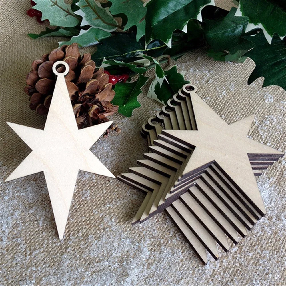 

10Pcs/Lot Romatic Style Wood Star Pendants Chipboard With Lanyards Hanging Christmas Tree Home Decor DIY For Christmas Party