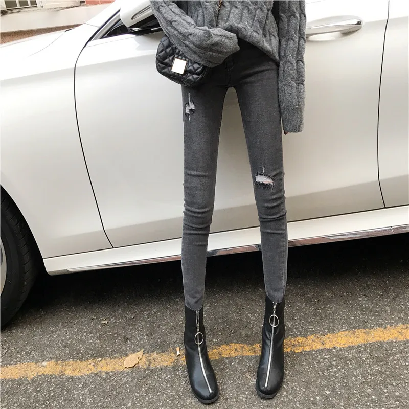 Высокая талия женские узкие джинсы, черный высокая ed уличная корейская мода, Высокая Кнопка проблемных отверстие женские джинсы