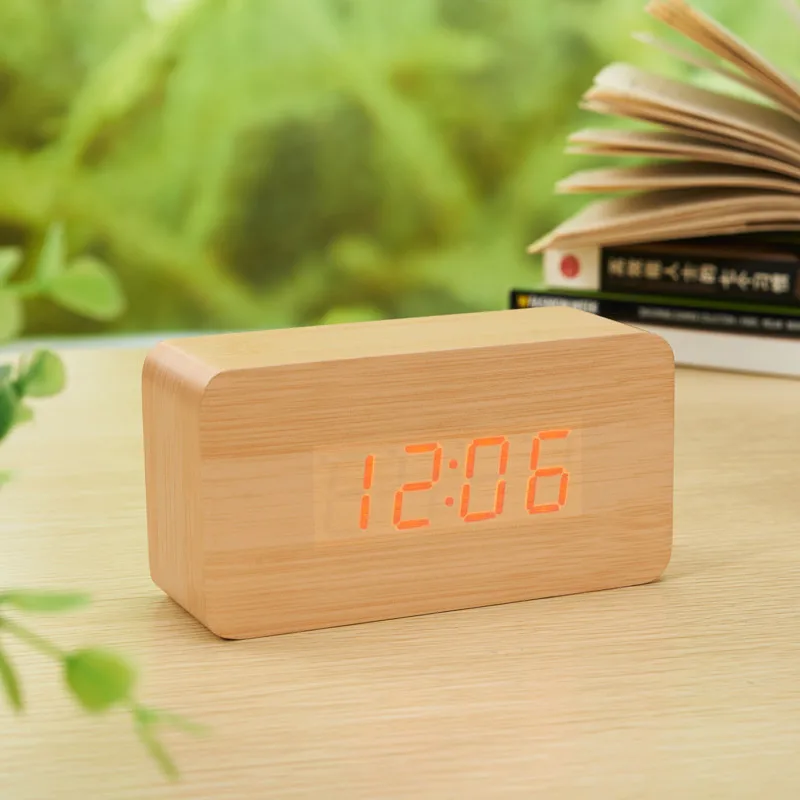 Бамбуковые и деревянные цифровые LEDclock календарь термометр акустический контроль зондирования настольные винтажные настольные электронные часы despertador - Цвет: Yellow red