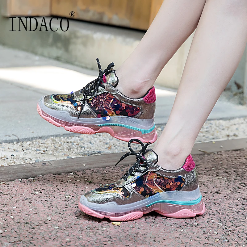 

Sneakers Women Leather Sequin 2019 Women Casual Shoes Platform Sneakers 6cm