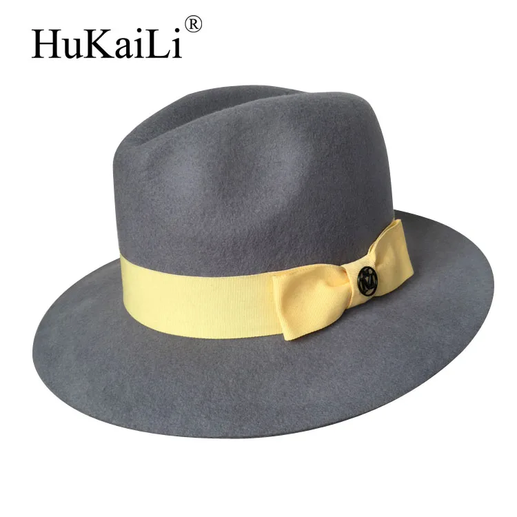Sir новые зимние Шерстяная кепка, wide-шляпы с полями двойной черный металлический логотип желтый бант серый Женская шляпа