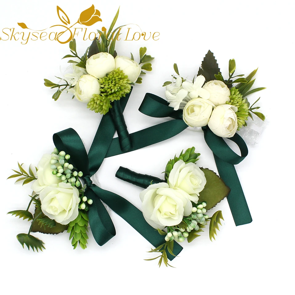 10 個結婚式のコサージュと Boutonnieres 花嫁新郎手首装飾ダークグリーン花のブローチ花束 Artificial Dried Flowers Aliexpress