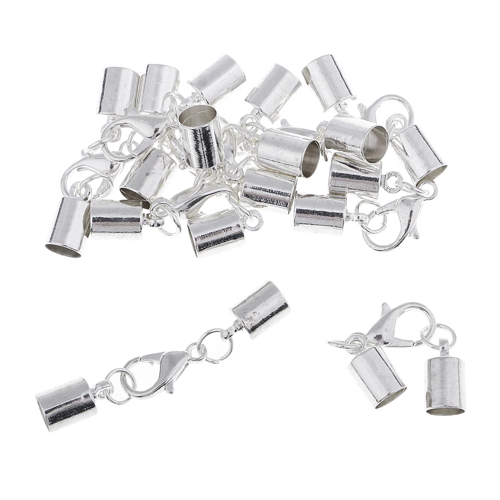 10 Piece Silver Kumihimo Leather Cord End Caps with Lobster Clasp Jewelry Making Findings