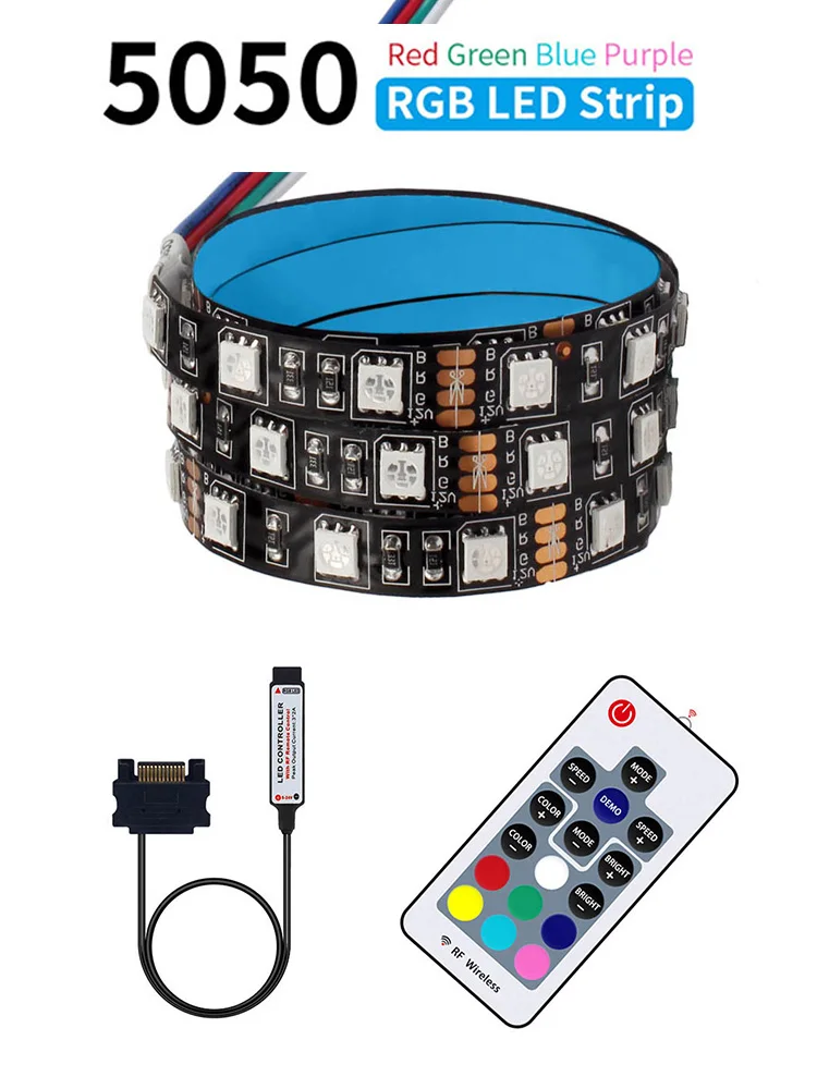 

DC 12V Sata Cable LED Strip Flexible Light 5050 RGB SMD + RF Remote Controller for PC Computer Case Decoration 50/100/150/200cm