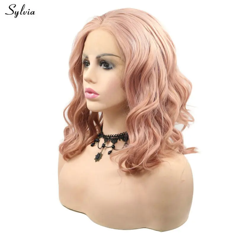 

Sylvia Deep Wave Bob Synthetic Women Makeup Hair Rose Gold Short Length Lace Front Wigs For Women Pink Color for Christmas Party