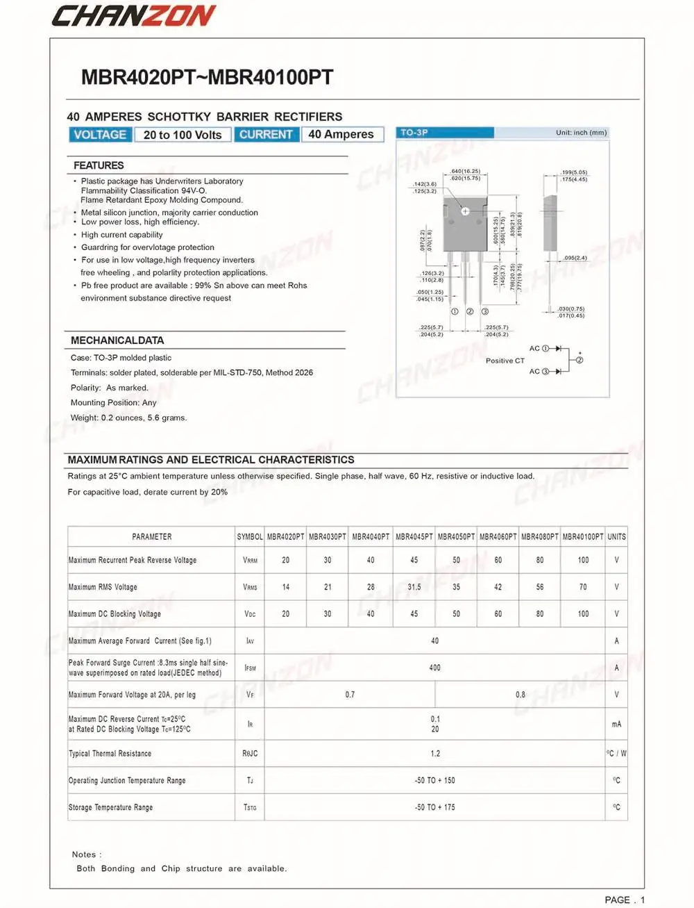 5 шт.) MBR40100PT Шоттки барьер выпрямитель диоды 40A 100 в TO-3P(TO-247AD) 40 ампер 100 Вольт MBR40100 PT