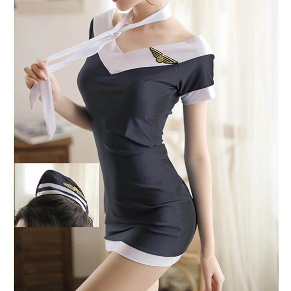 

Stewardess Uniform Temptation Student Uniform Sexy Fresh Cosplay Role Playing Erotic Underwear Include Hat Bow Tie Skirt T Pants