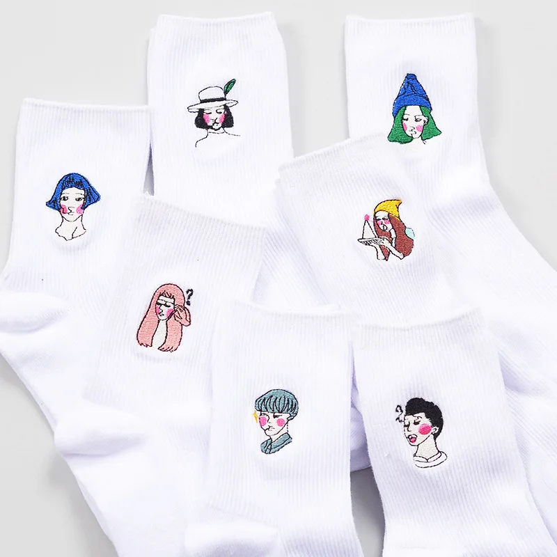 

Korea Women White Embroidery Funny Socks Retro Trend Pure Color Humor Fun Socks Summer Female Cute Life Short Socks